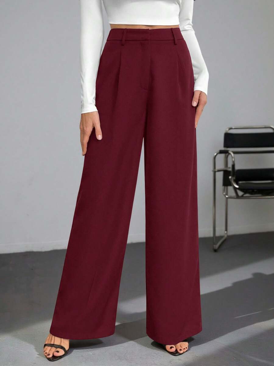 Isla High Waisted Wide Leg Pants with Pleated Front - Burgundy