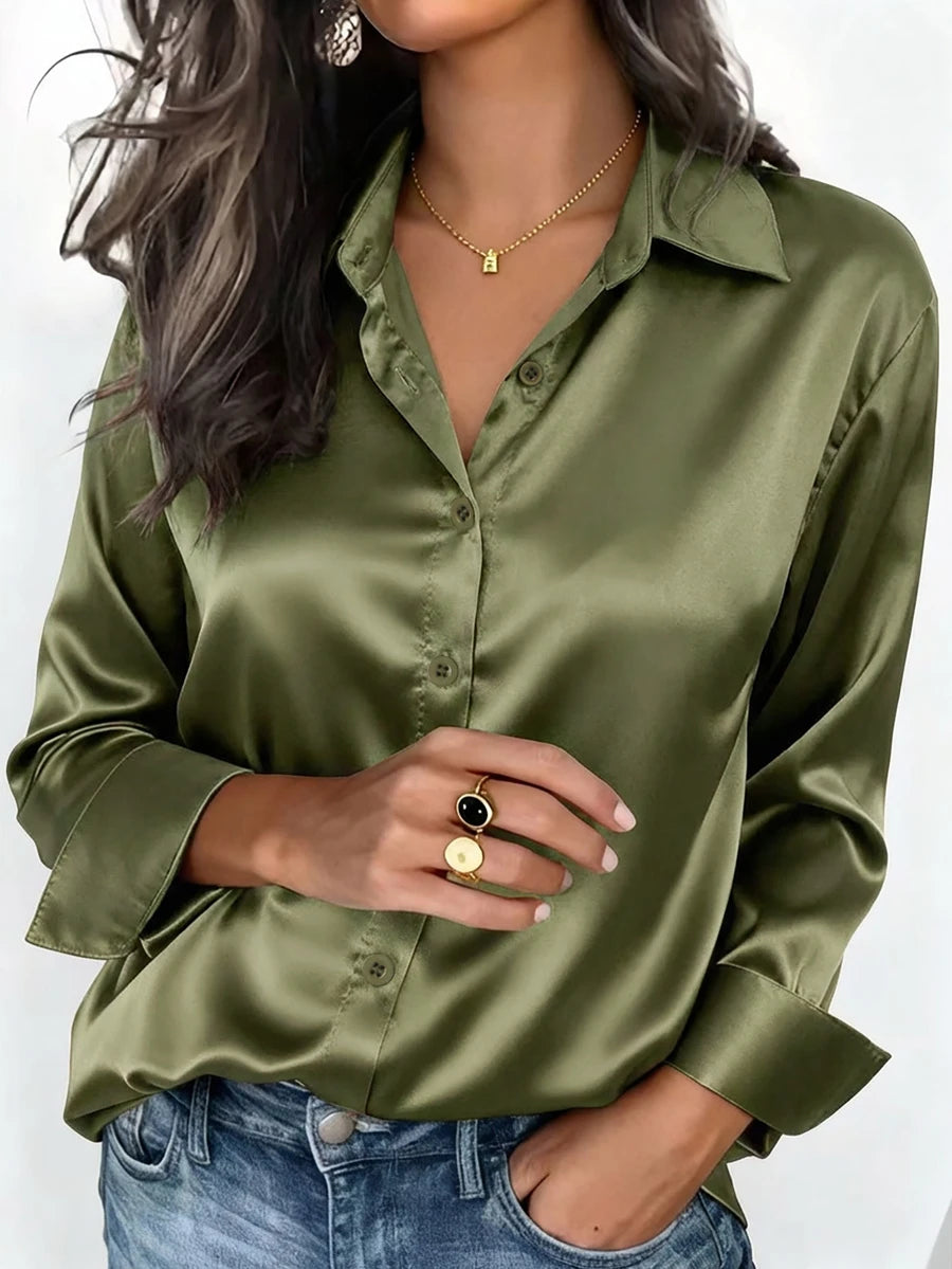 Valeria Satin Long Sleeve Button Down Collared Shirt - Olive Green