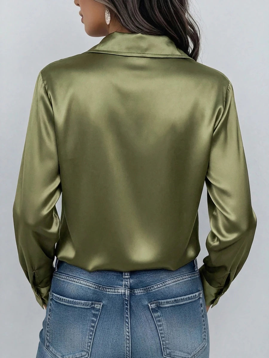 Valeria Satin Long Sleeve Button Down Collared Shirt - Olive Green