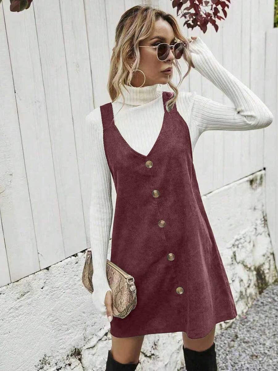 Ottilie Corduroy Button Front Pinafore Mini Dress - Burgundy