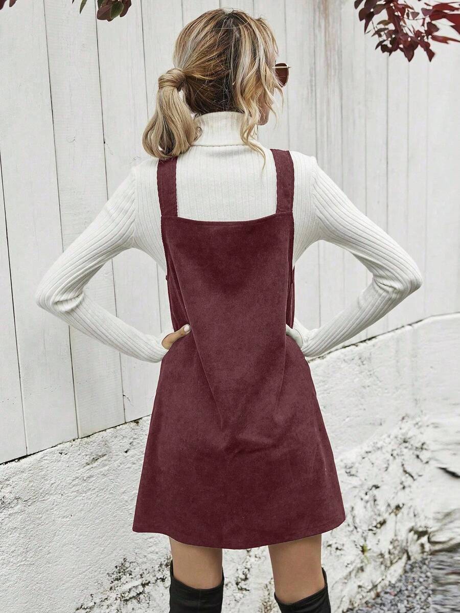 Ottilie Corduroy Button Front Pinafore Mini Dress - Burgundy