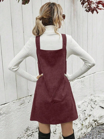 Ottilie Corduroy Button Front Pinafore Mini Dress - Burgundy