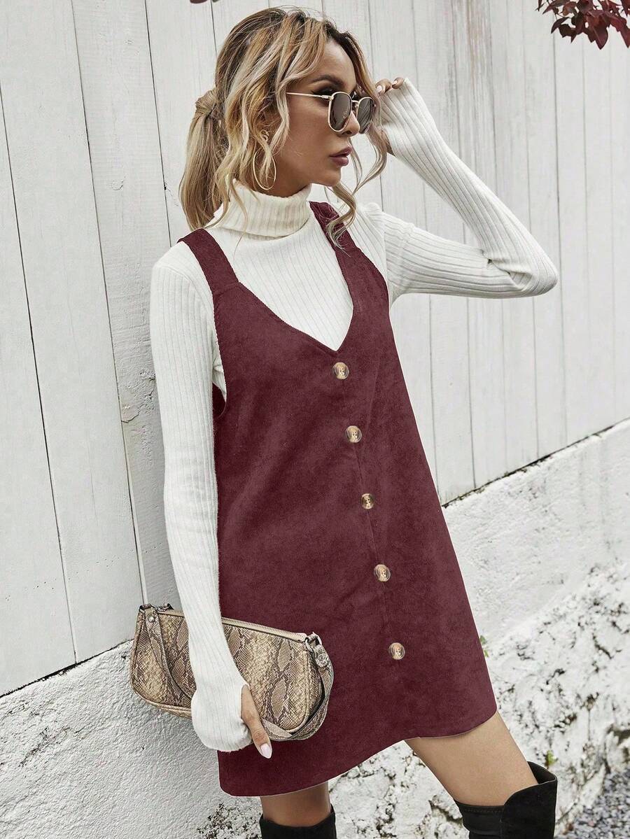 Ottilie Corduroy Button Front Pinafore Mini Dress - Burgundy
