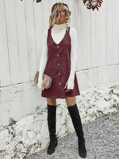 Ottilie Corduroy Button Front Pinafore Mini Dress - Burgundy