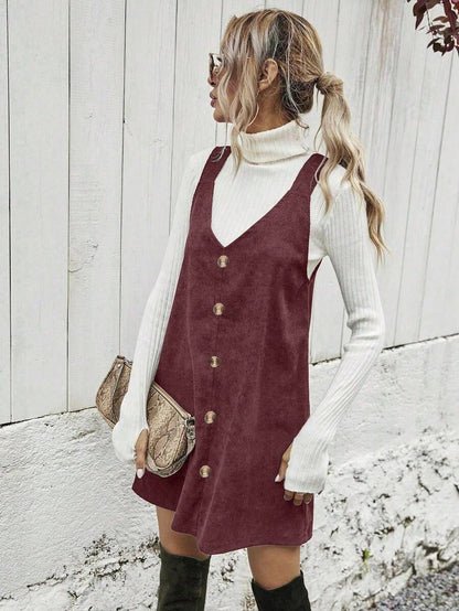 Ottilie Corduroy Button Front Pinafore Mini Dress - Burgundy