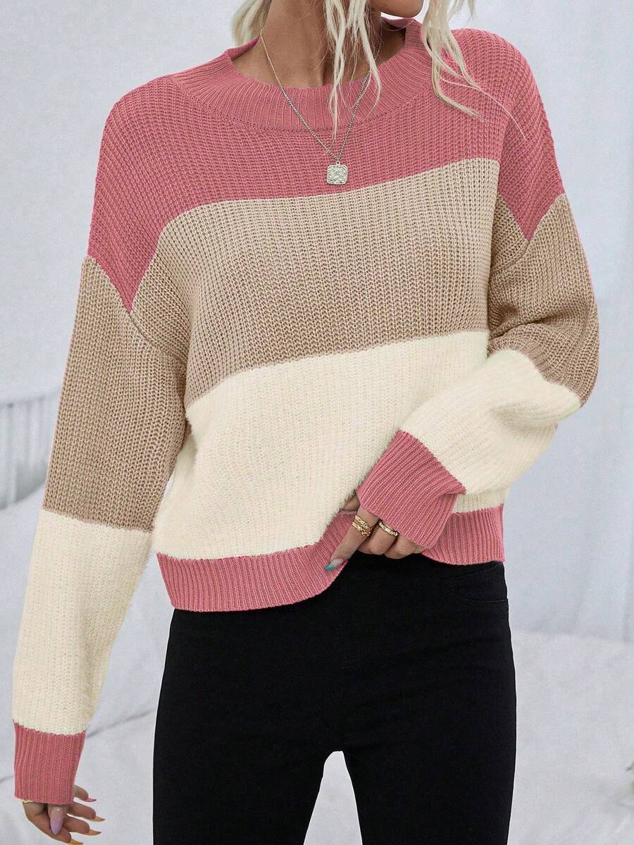 Odessa Color Block Drop Shoulder Long Sleeve Knit Sweater - Multicolor