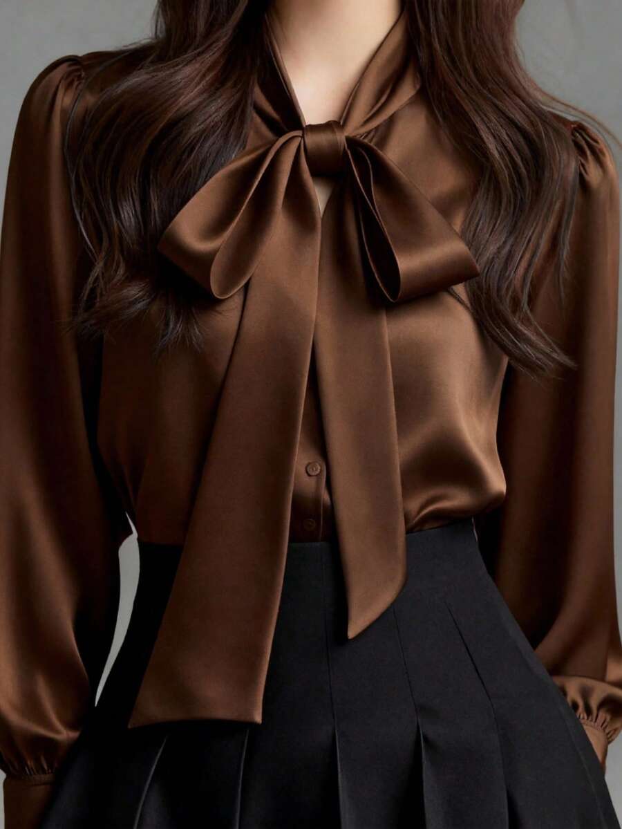 Versailles Satin Bow Tie Neck Long Sleeve Blouse - Coffee Brown