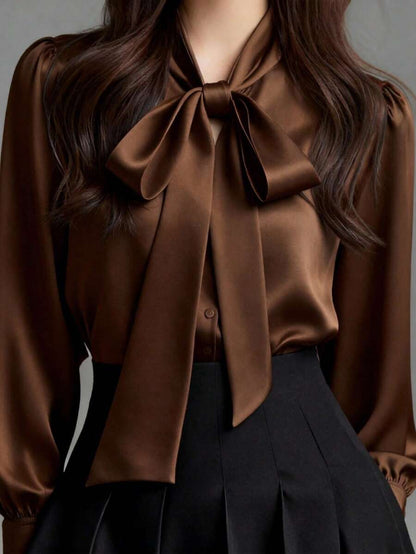 Versailles Satin Bow Tie Neck Long Sleeve Blouse - Coffee Brown