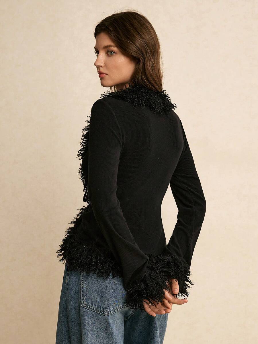 Women's Faux Fur Trim Tie Front Knit Top, Sweater Top for Holiday and Evening - Black