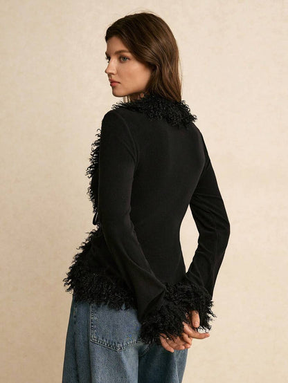 Women's Faux Fur Trim Tie Front Knit Top, Sweater Top for Holiday and Evening - Black