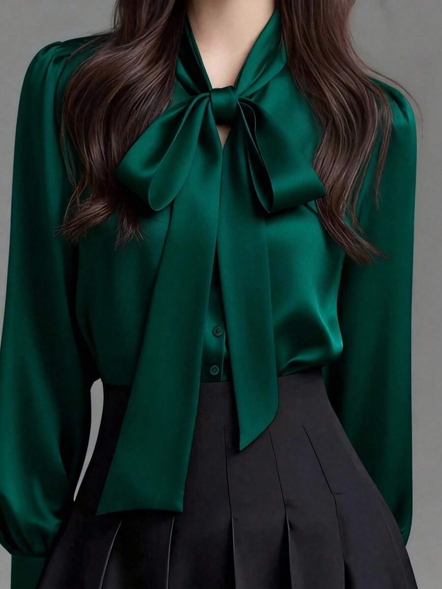 Versailles Satin Bow Tie Neck Long Sleeve Blouse - Dark Green