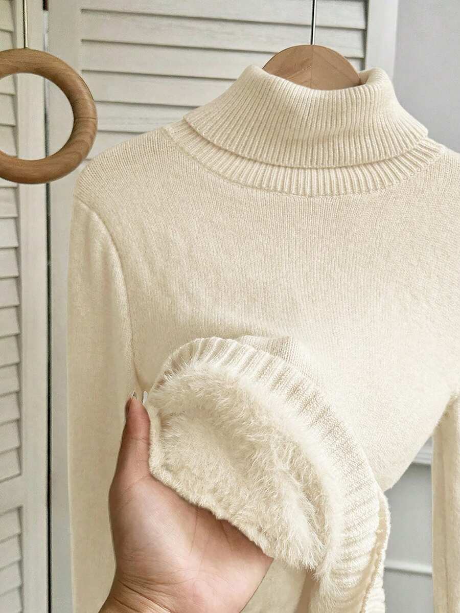 Penelope Thermal Lined Fitted High Neck Knit Sweater - Grey