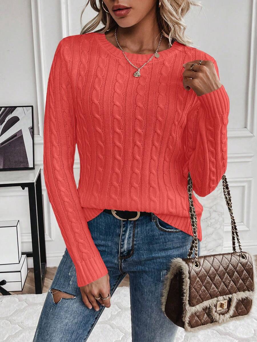 Livia Twist Cable Knit Crew Neck Sweater Fitted Pullover - Coral