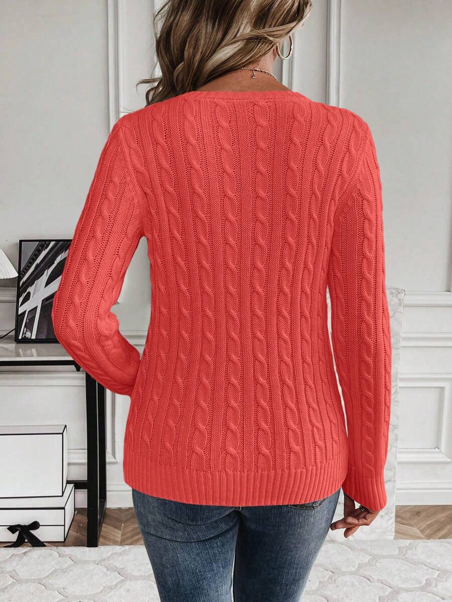 Livia Twist Cable Knit Crew Neck Sweater Fitted Pullover - Coral