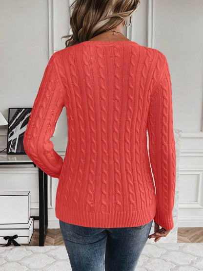 Livia Twist Cable Knit Crew Neck Sweater Fitted Pullover - Coral