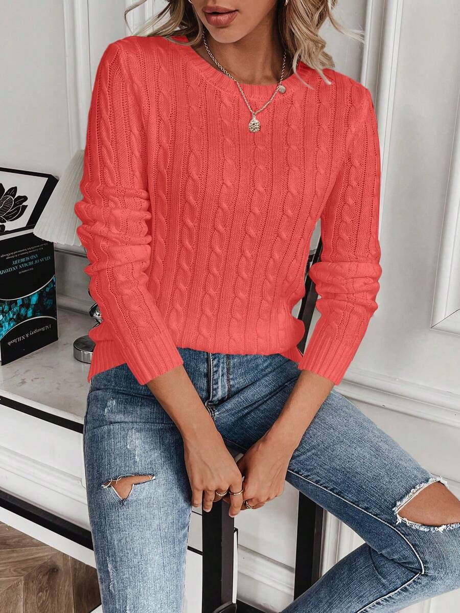 Livia Twist Cable Knit Crew Neck Sweater Fitted Pullover - Coral