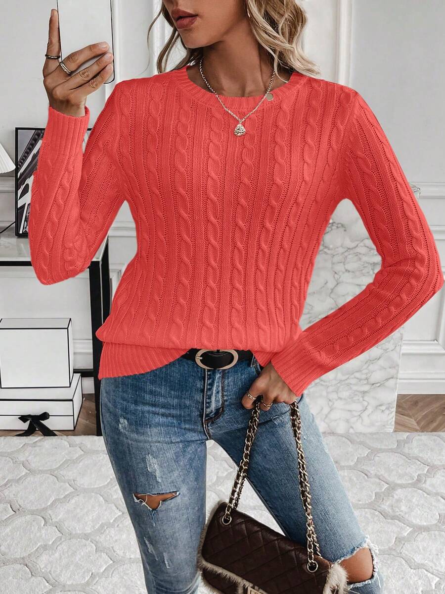 Livia Twist Cable Knit Crew Neck Sweater Fitted Pullover - Coral