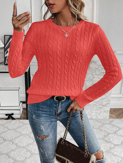 Livia Twist Cable Knit Crew Neck Sweater Fitted Pullover - Coral
