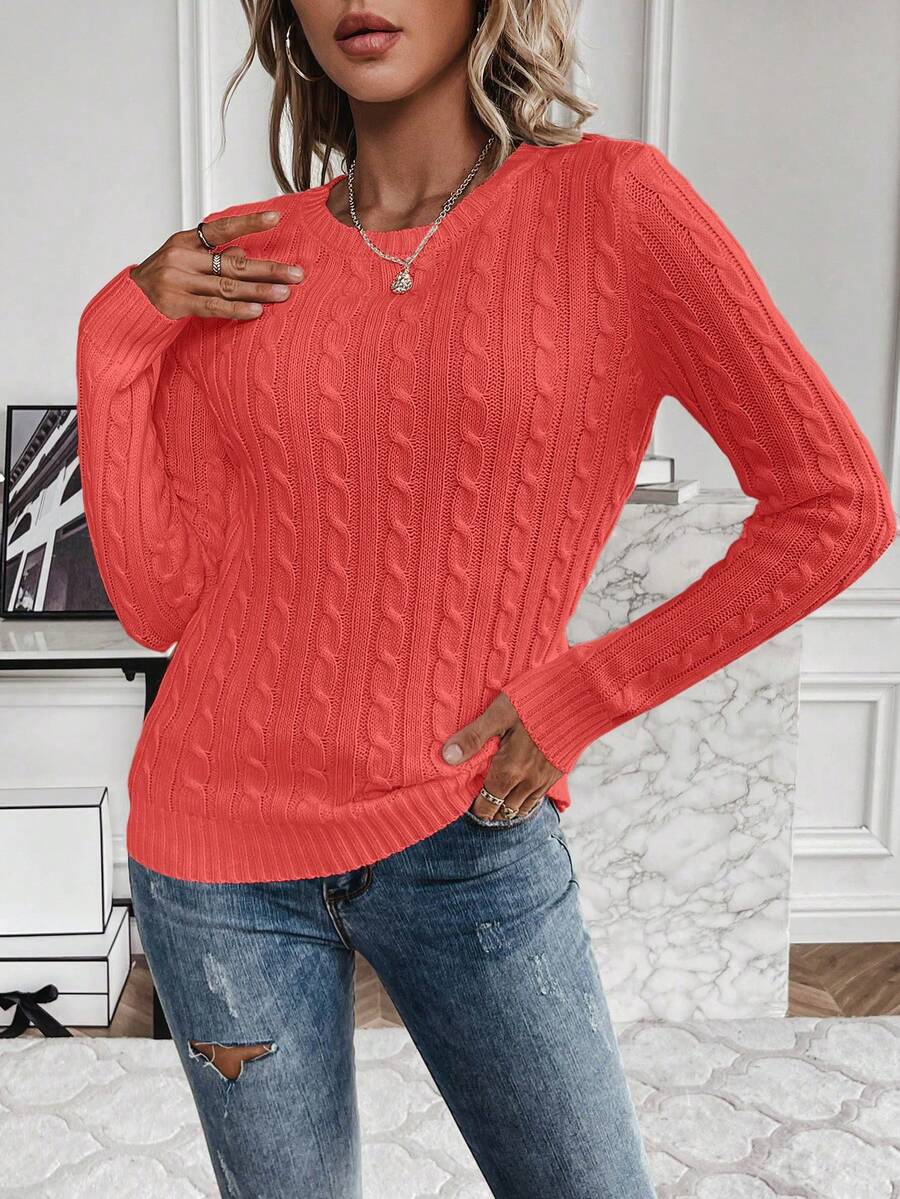 Livia Twist Cable Knit Crew Neck Sweater Fitted Pullover - Coral