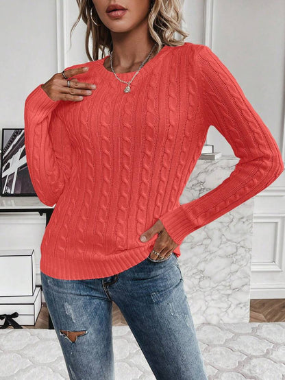 Livia Twist Cable Knit Crew Neck Sweater Fitted Pullover - Coral