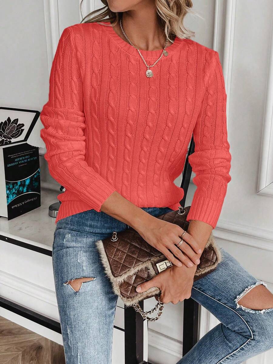 Livia Twist Cable Knit Crew Neck Sweater Fitted Pullover - Coral