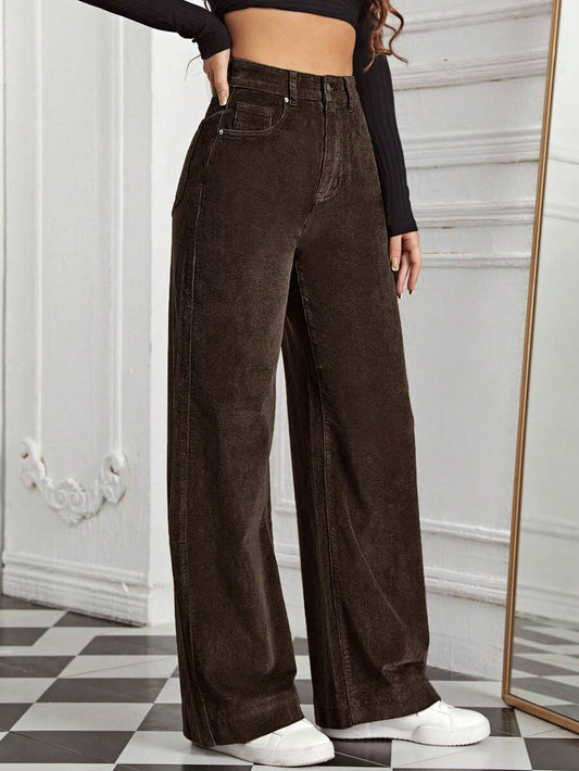 Colmar Corduroy High Waist Wide Leg Pants with Slant Pockets - Chocolate Brown