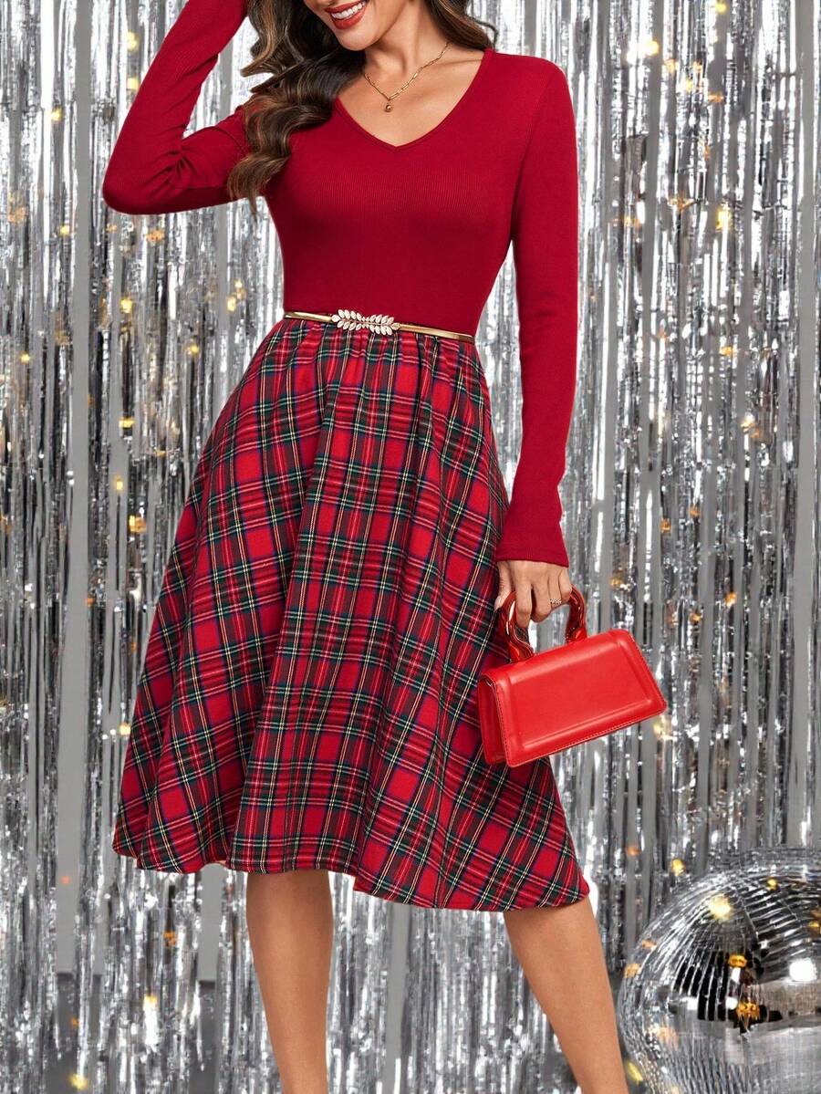 Nuremberg Plaid A Line Midi Dress with V Neck - Red