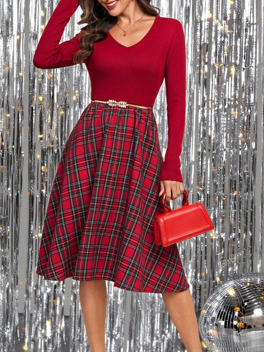 Nuremberg Plaid A Line Midi Dress with V Neck - Red