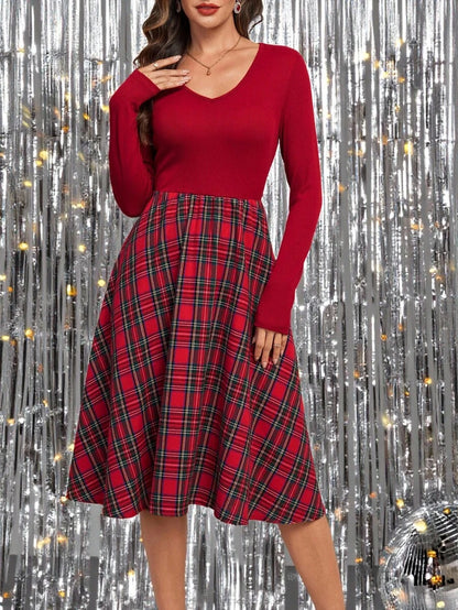 Nuremberg Plaid A Line Midi Dress with V Neck