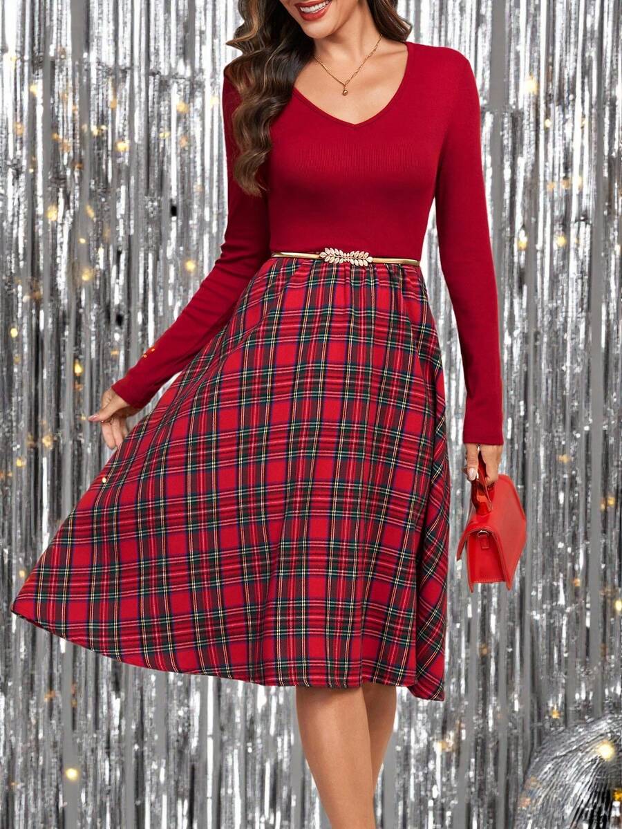Nuremberg Plaid A Line Midi Dress with V Neck