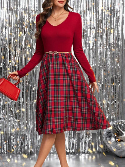 Nuremberg Plaid A Line Midi Dress with V Neck