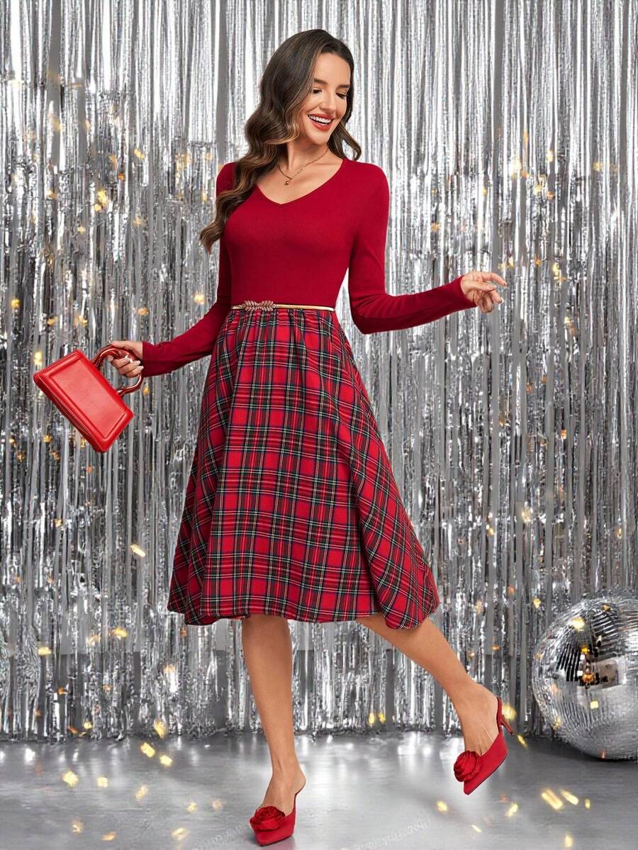 Nuremberg Plaid A Line Midi Dress with V Neck