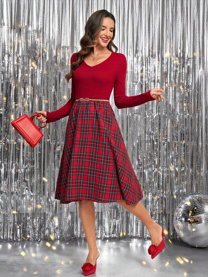 Nuremberg Plaid A Line Midi Dress with V Neck