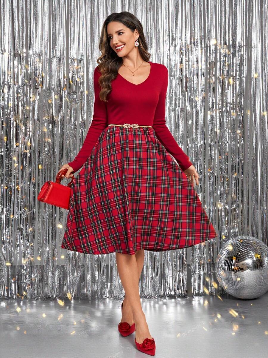 Nuremberg Plaid A Line Midi Dress with V Neck