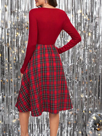 Nuremberg Plaid A Line Midi Dress with V Neck