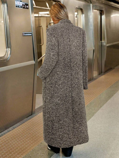 Delfina Double Breasted Herringbone Long Coat with Lapels - Brown
