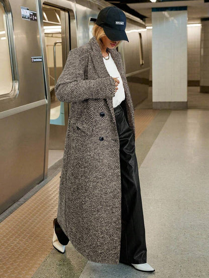 Delfina Double Breasted Herringbone Long Coat with Lapels - Brown