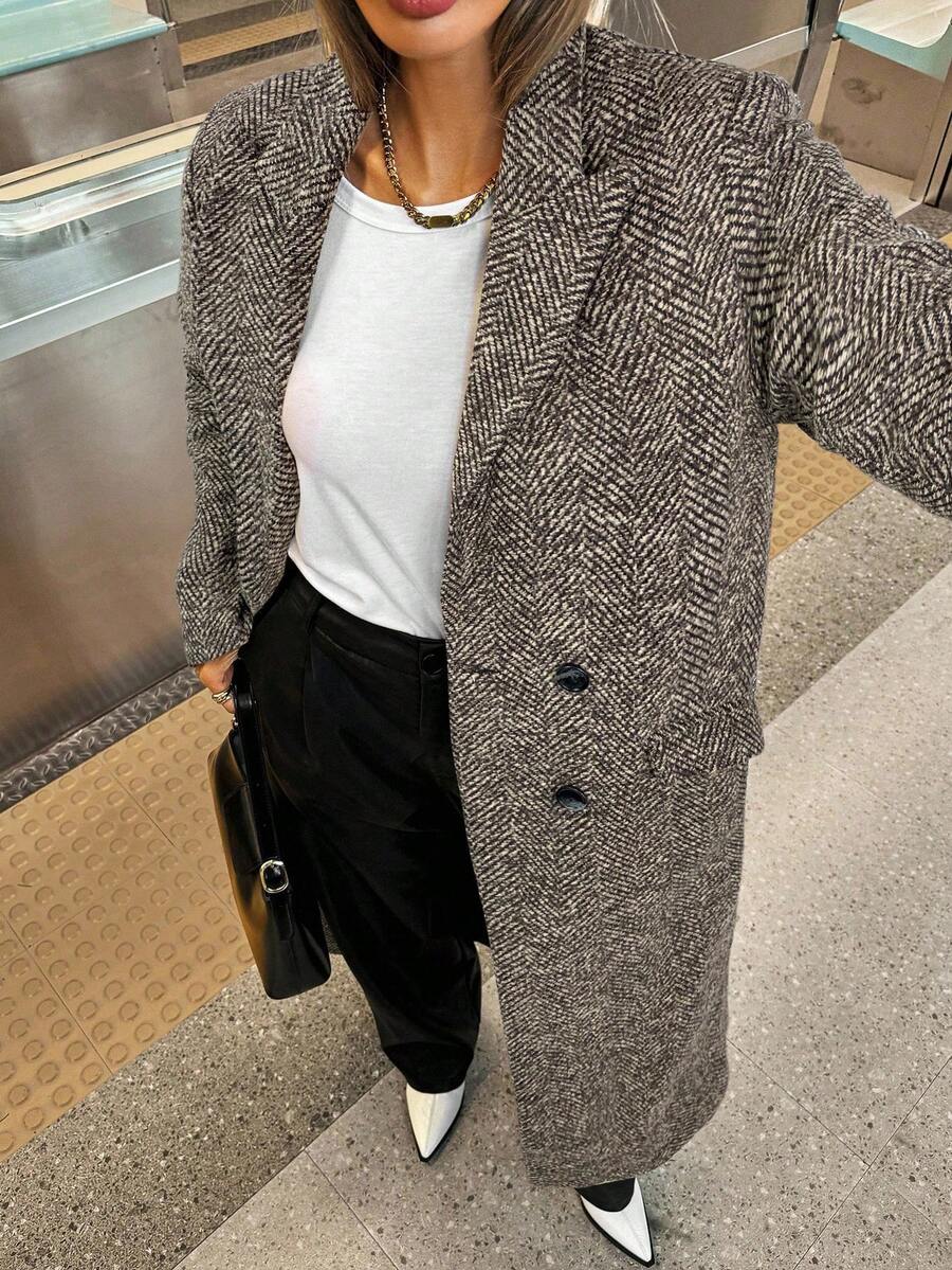 Delfina Double Breasted Herringbone Long Coat with Lapels - Brown