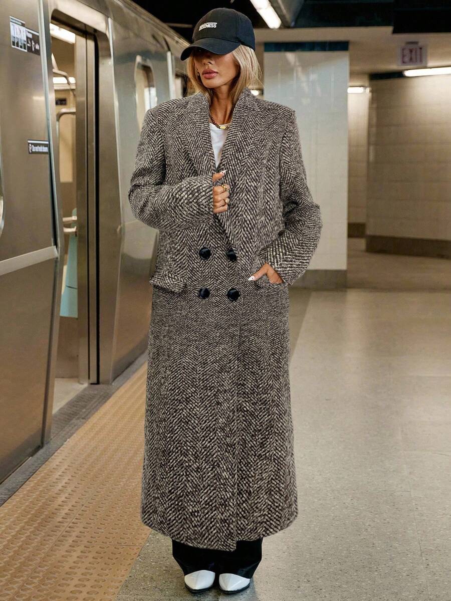 Delfina Double Breasted Herringbone Long Coat with Lapels - Brown