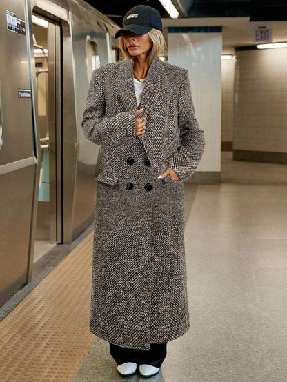 Delfina Double Breasted Herringbone Long Coat with Lapels - Brown