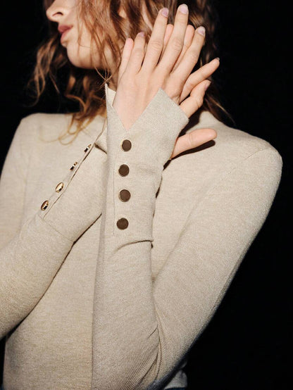 Women's Fine Knit Sweater with Button Cuffs, Lightweight Pullover for Fall Work Casual - Beige