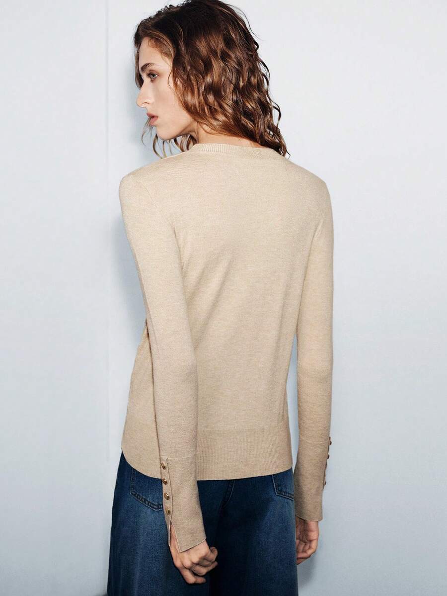 Women's Fine Knit Sweater with Button Cuffs, Lightweight Pullover for Fall Work Casual - Beige