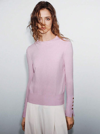 Women's Fine Knit Sweater with Button Cuffs, Lightweight Pullover for Fall Work Casual - Beige
