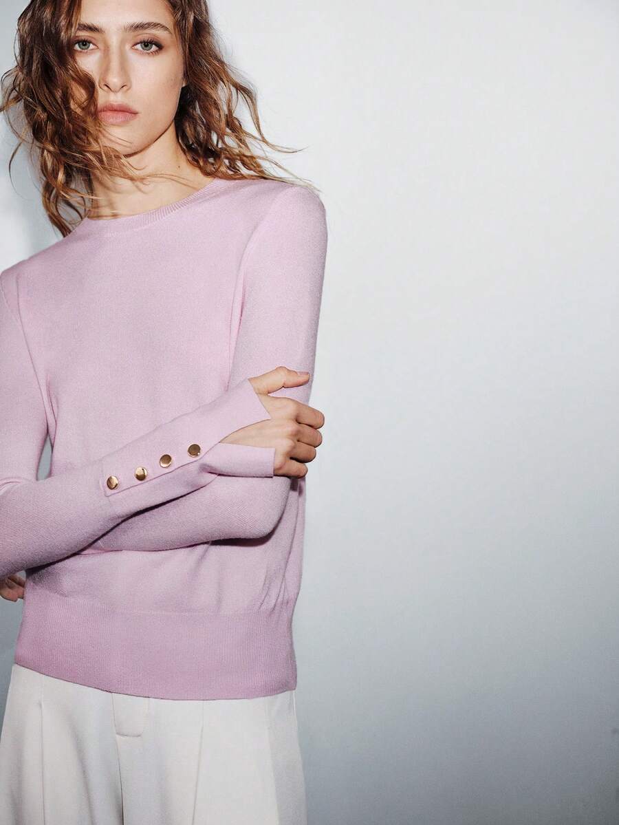 Women's Fine Knit Sweater with Button Cuffs, Lightweight Pullover for Fall Work Casual - Beige