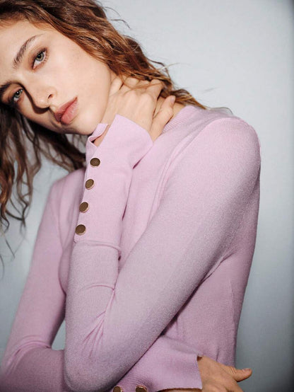 Women's Fine Knit Sweater with Button Cuffs, Lightweight Pullover for Fall Work Casual - Beige