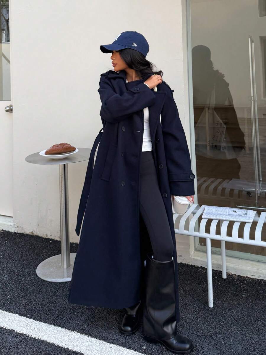 Laurel Double Breasted Belted Long Coat with Peak Lapels - Navy