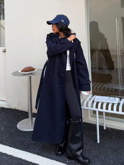 Laurel Double Breasted Belted Long Coat with Peak Lapels - Navy