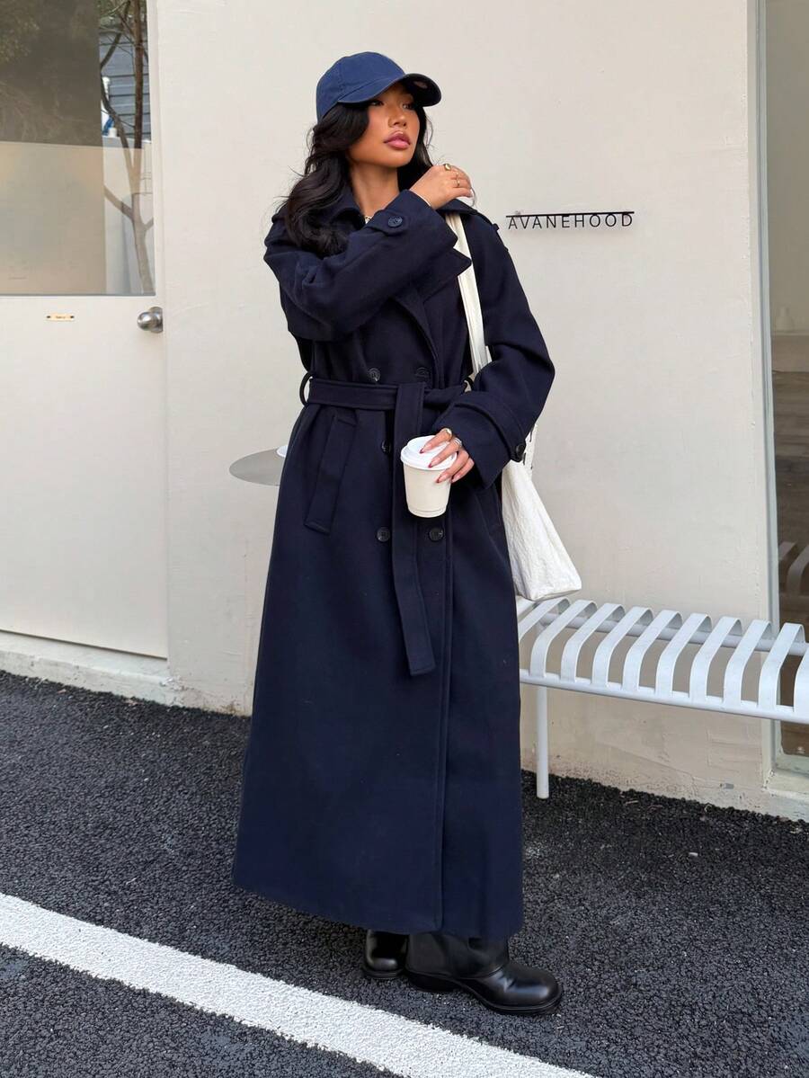 Laurel Double Breasted Belted Long Coat with Peak Lapels - Navy