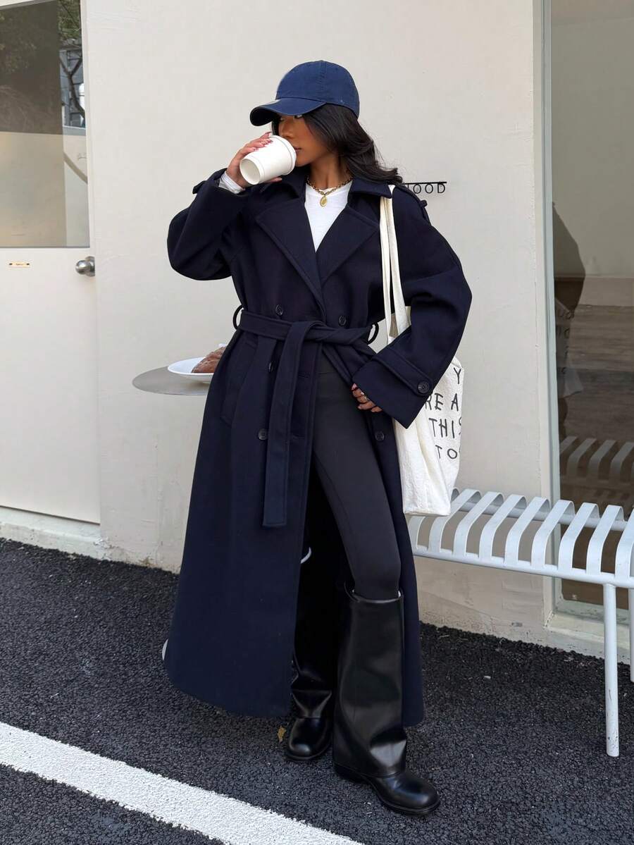 Laurel Double Breasted Belted Long Coat with Peak Lapels - Navy