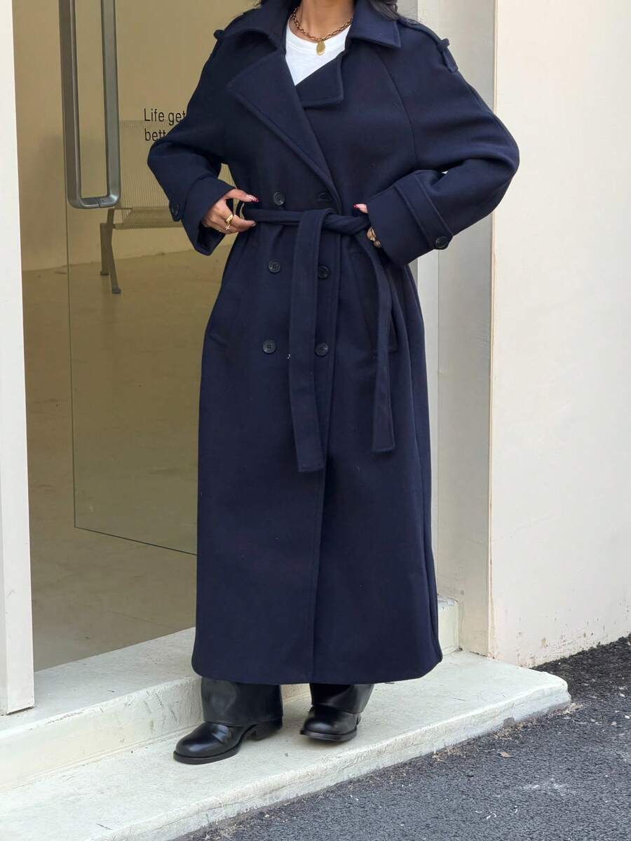 Laurel Double Breasted Belted Long Coat with Peak Lapels - Navy